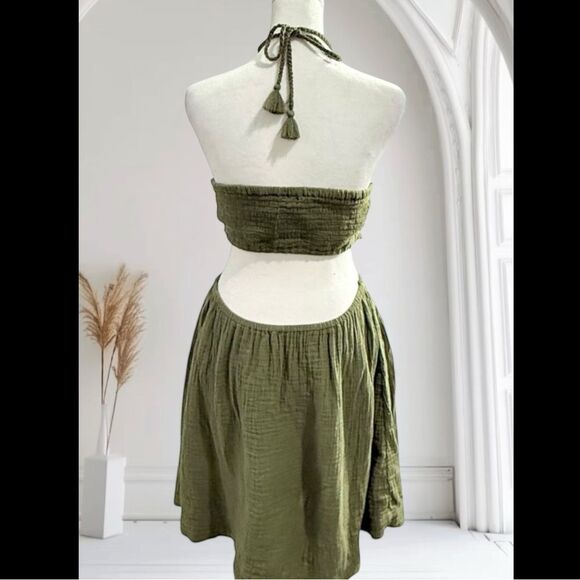 Aerie Pool To Party Boho Olive Green Crochet Halter Mini Cottagecore Dress Sz M - Picture 4 of 11